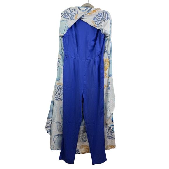 Sassy Jones New Zena Layered Cape Jumpsuit Small Blue Vase Print Puff Sleeve - Picture 10 of 16